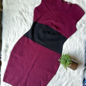 Milly Merlot Wine & Black Sleeveless Knit Midi Bodycon Dress M